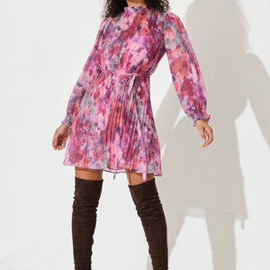 l/s pleated print dress (d517685)