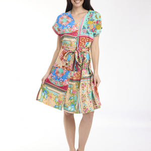 foulard fleurs v neck but/thru  dress (61056)