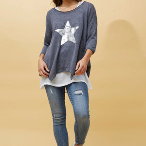 3/4slv. 2 layer top sequin star hanky hem (t508236)