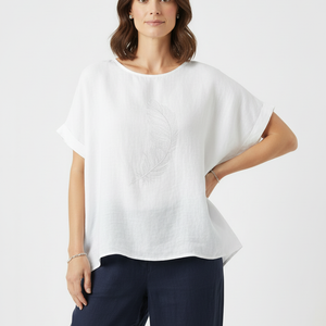 100% linen feather ricamo top (et358)