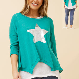 3/4slv. 2 layer top sequin star hanky hem (t508236)