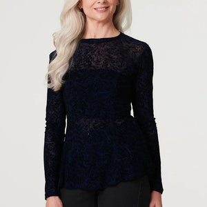 l/s flocking mesh peplum top (t516114)
