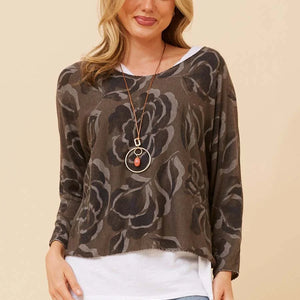 l/s floral 2 layered top+necklace (t526201)