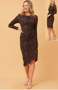 l/s flocked side gathering dress (d517025)