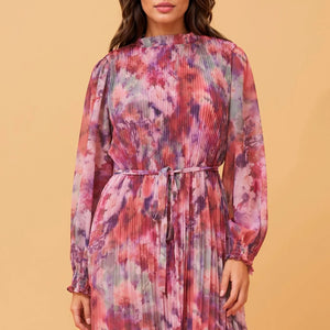l/s pleated print dress (d517685)