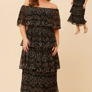 off shoulder ditsy tiered dress (d735434)