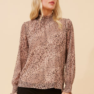 print blouse shirred cuff high neck (t735353)
