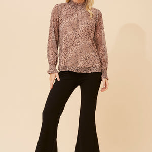 print blouse shirred cuff high neck (t735353)