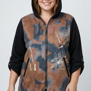 zip sueded print hooded jacket (jf615)