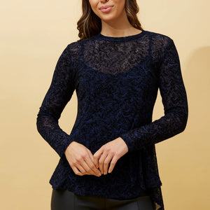 L/S Flocking Floral Mesh Peplum Top (T516114)