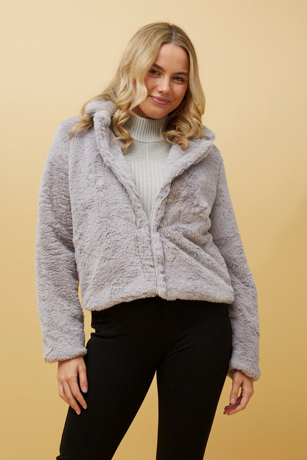 Grey faux fur cropped on sale jacket