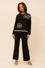 set knit top floral embroidery +pant (set526856)