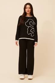 set knit top floral embroidery +pant (set526856)